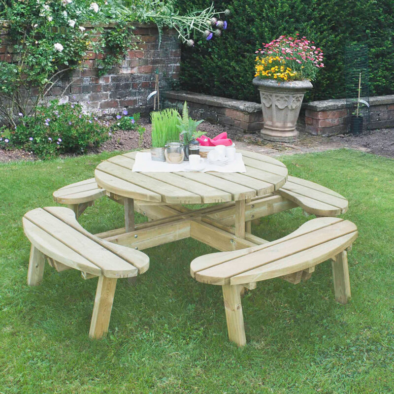 Wooden Circular Picnic Garden Terrace Patio Table with Bench Seats