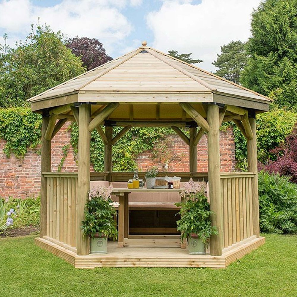 3.6m Hexagonal Wooden Pressure Treated Garden Gazebo with Traditional Timber Roof - Image 6