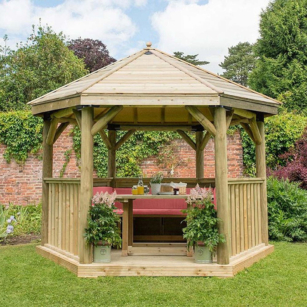 3.6m Hexagonal Wooden Pressure Treated Garden Gazebo with Traditional Timber Roof - Image 8