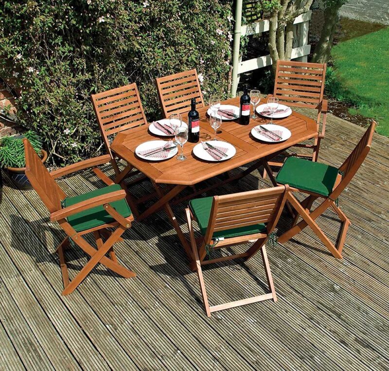 Rowlinson Plumley Wooden Garden Dining Table & Chairs - 6 Seats with Green Cushions
