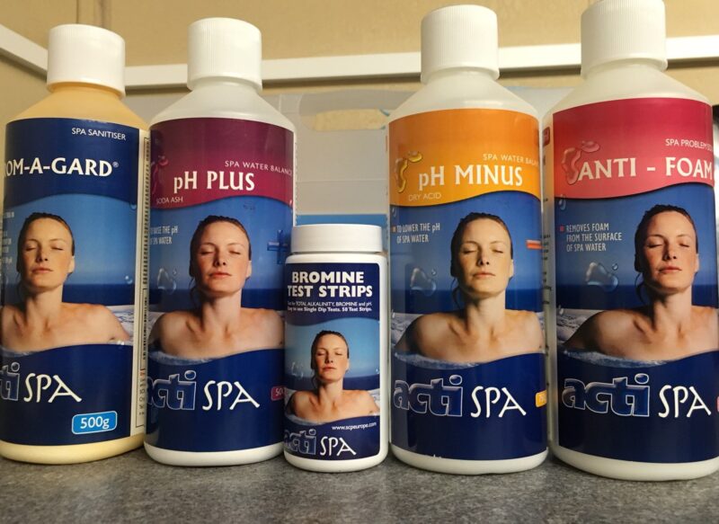 Acti Spa Bromine Starter Kit. Anti Foam PH Plus PH Minus Test Strips