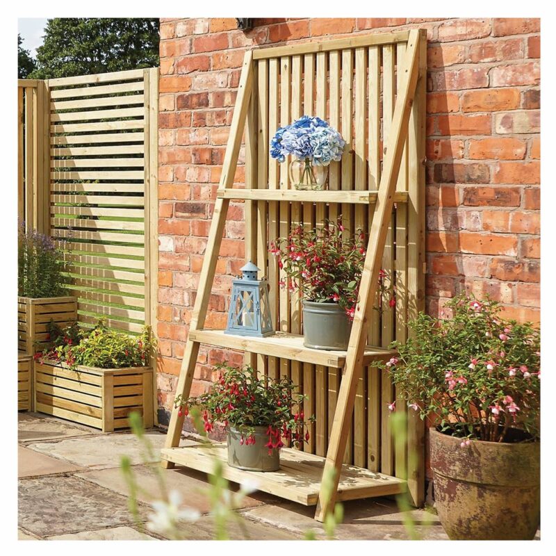 Garden Creations Wooden 3 Shelf Plant Stand and Vertical Slatted Panel