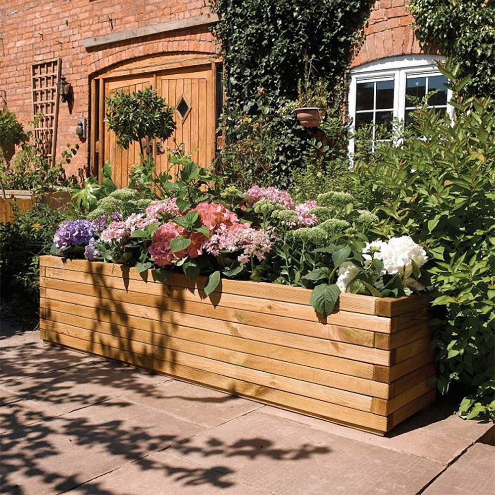 Rowlinson Large Rectangular Wooden Patio Planter - Natural Timber Raised Bed