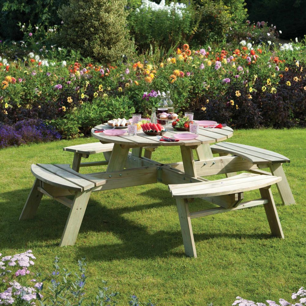 Round Timber Garden 8 Seater Picnic Table