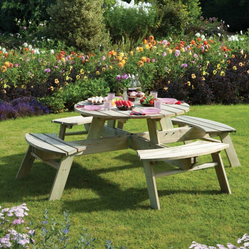 Round Timber Garden 8 Seater Picnic Table