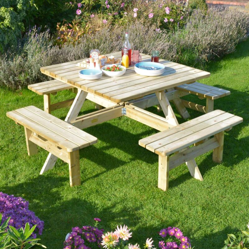 Square Wooden Picnic Table Seats up to 8