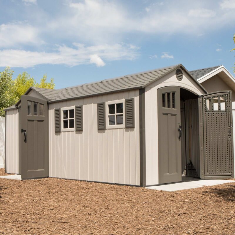 Lifetime 17.5 x 8 Dual Entry Garden Shed including Floor - 60213 - HDPE Plastic Outdoor Storage