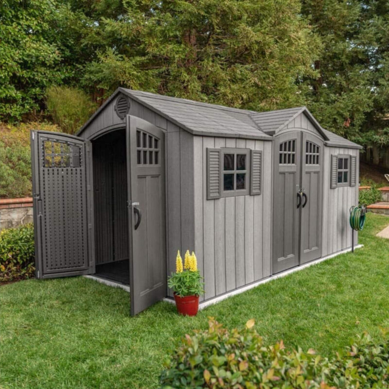 Lifetime 15ft x 8ft Wood Effect Garden Double Entrance Shed - 60318 - Heavy Duty Outdoor HDPE Plastic Unit
