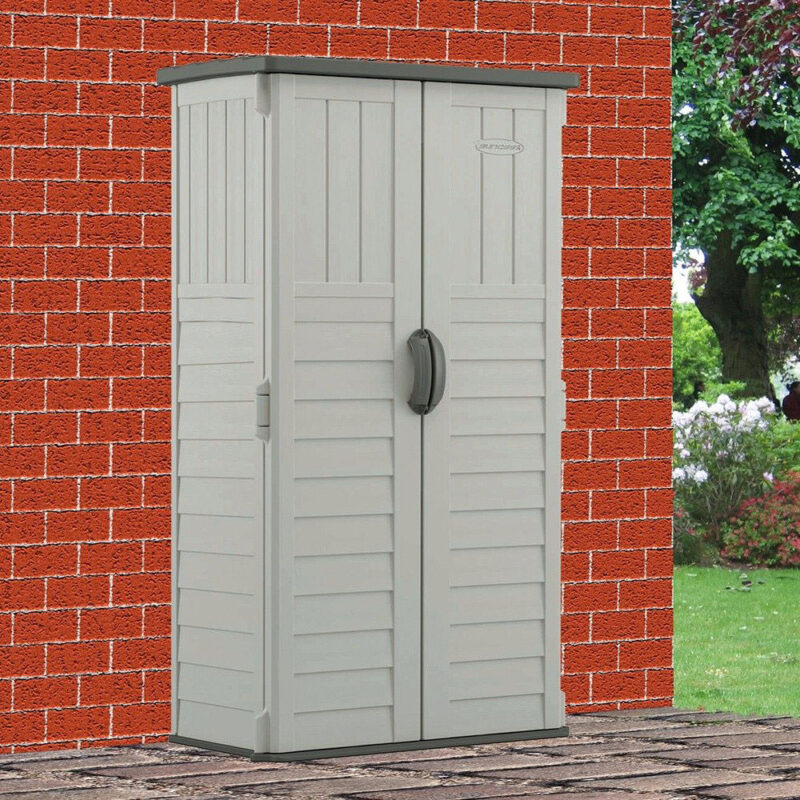 Suncast Mannington Tall Garden Plastic Resin Storage Shed - Heavy Duty Equipment Tool Locker