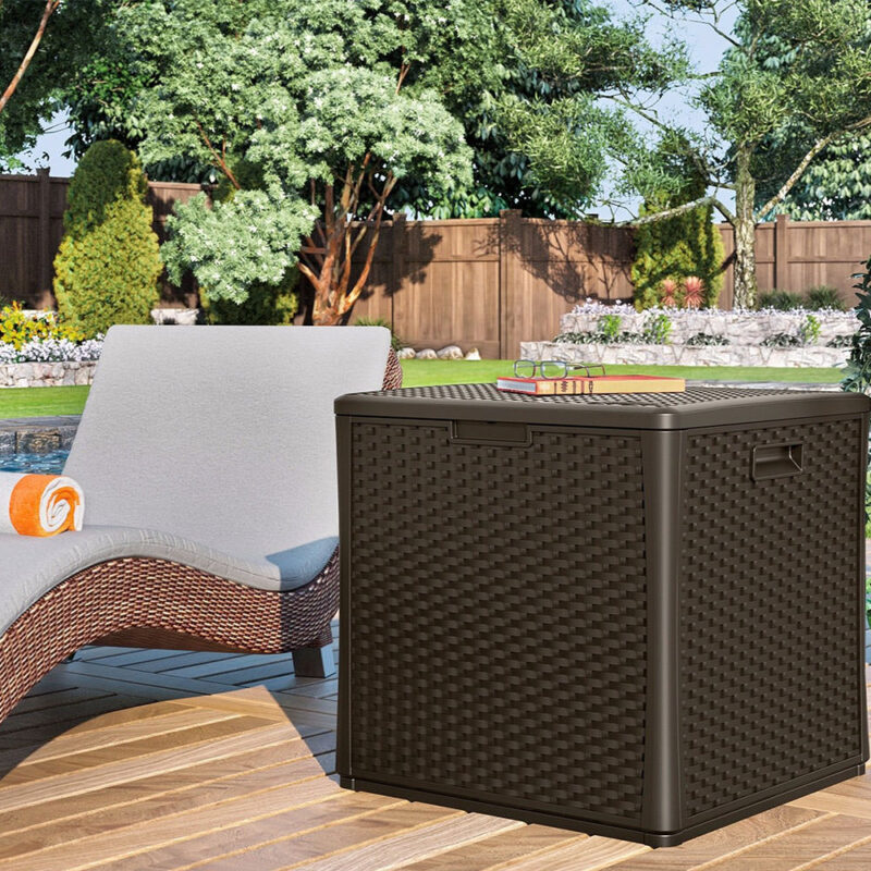 Suncast 227L Java Wicker Deck Storage Box - Outdoor Garden Patio Tool Equipment Store
