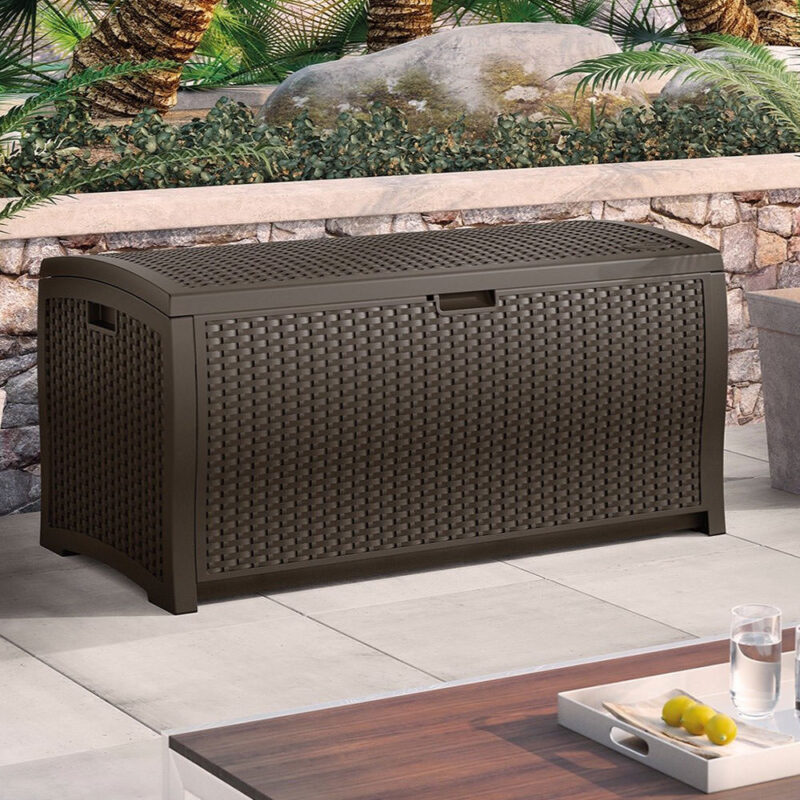 Suncast 375L Java Wicker Deck Storage Box - Outdoor Garden Patio Tool Equipment Store