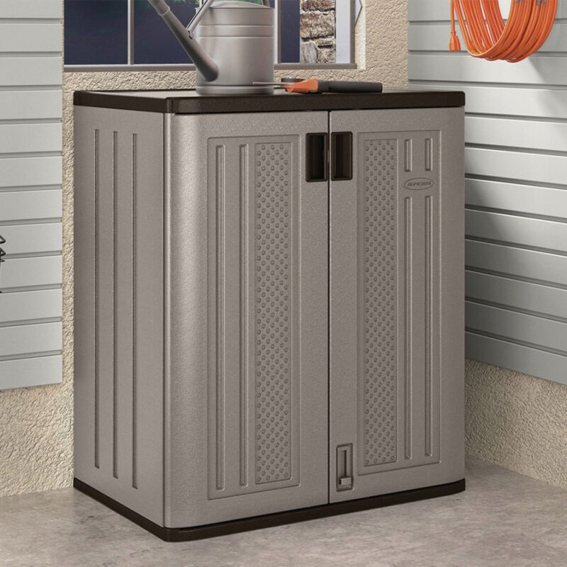 Suncast Garage Base Cabinet in Grey - Storage Solution Double Doors Two Shelves