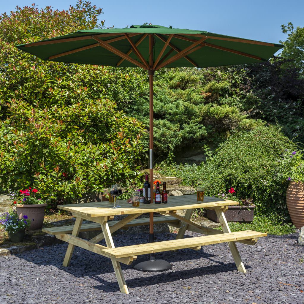 Picnic Table With Parasol & Base Garden Furniture Set 45ft Outdoor Table Pure Garden Buildings