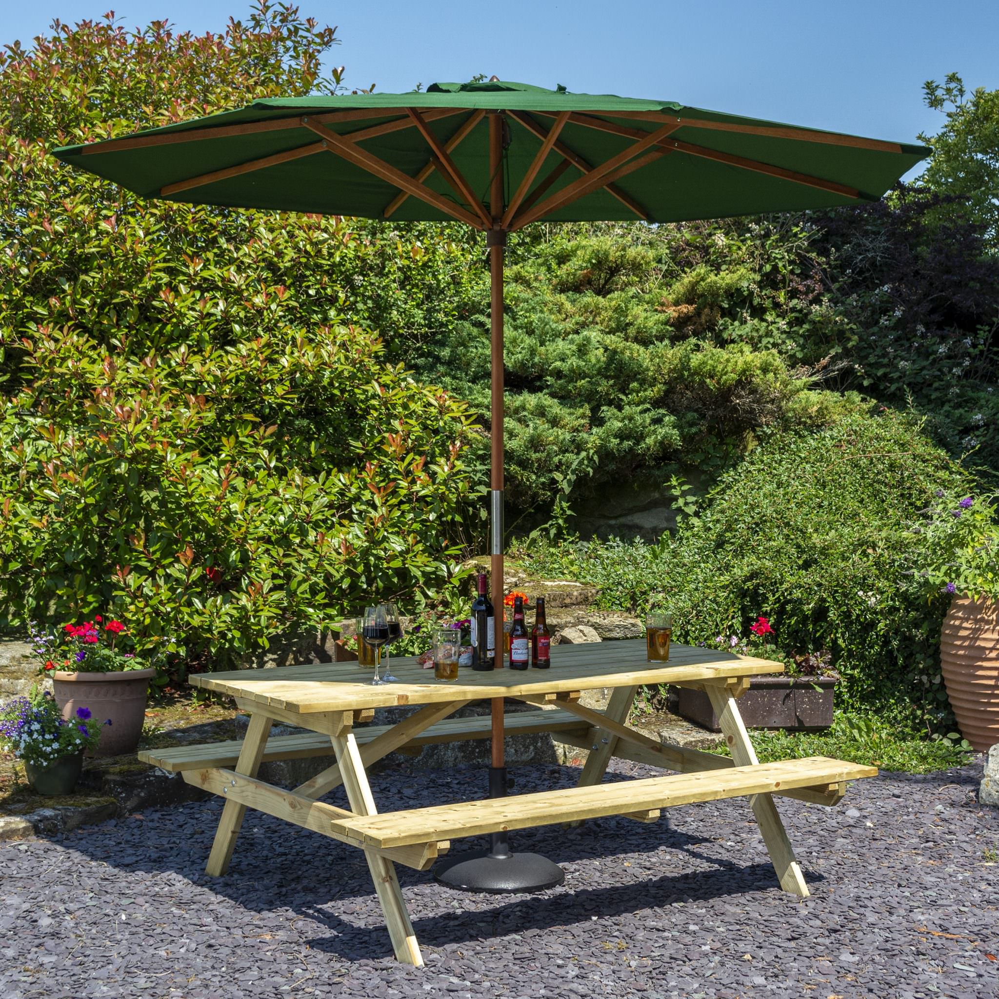 Picnic Table With Parasol & Base Garden Furniture Set 45ft Outdoor