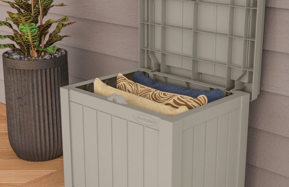 Suncast 22 Gallon Small Deck Box with Storage Seat - Light Taupe - Image 3