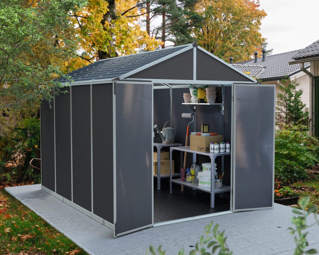 Panel Array Shed Rubicon 8 ft. x 10 ft. Shed With Floor – Dark Grey Panels – Pure Garden ...