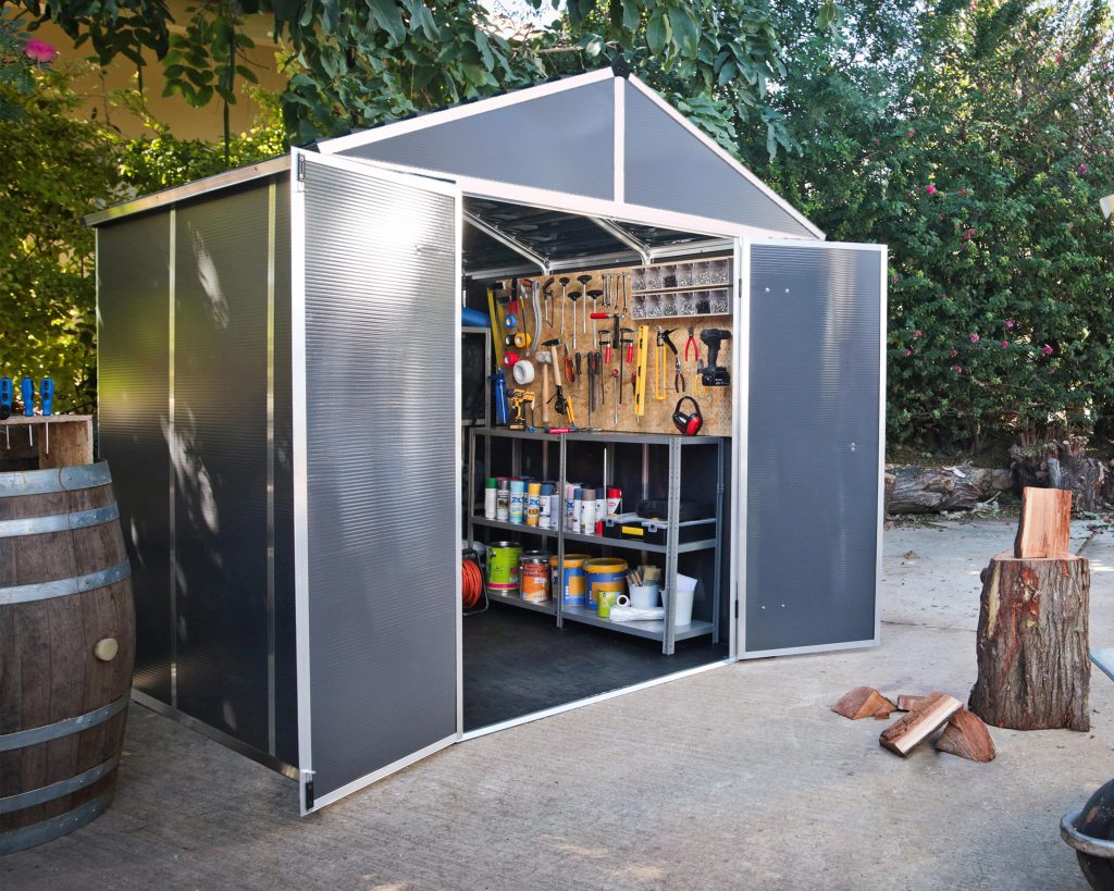 Panel Array Shed Rubicon 8 ft. x 8 ft. Shed With Floor – Dark Grey Panels – Pure Garden ...