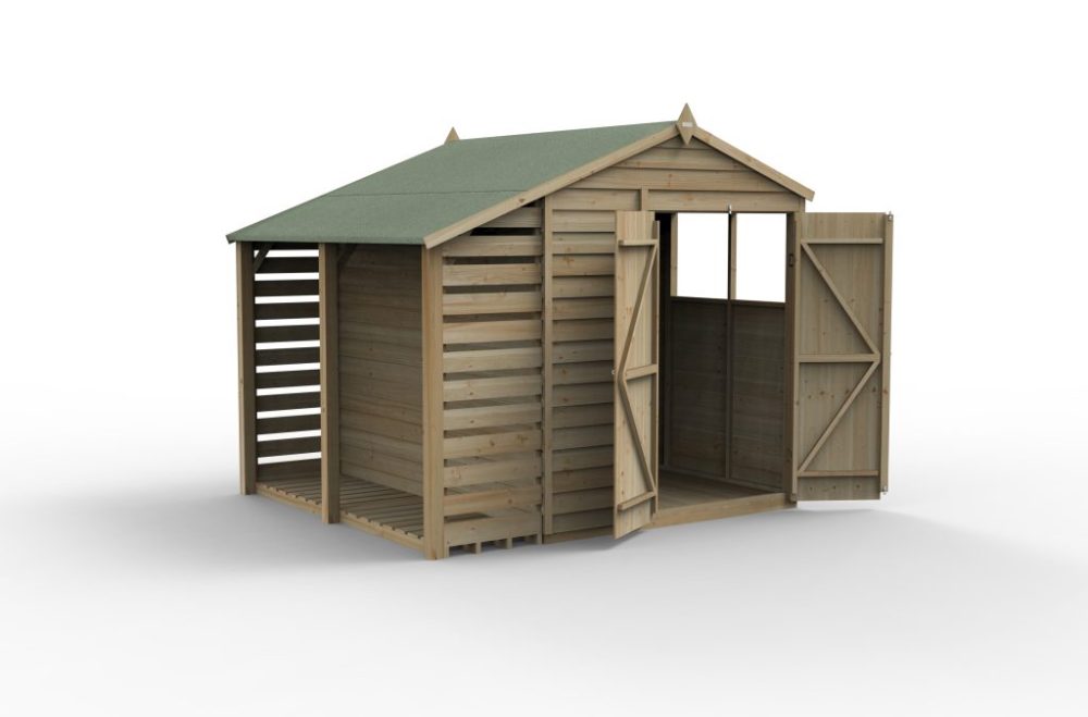 Forest 8 x 6 4Life Overlap Apex Garden Shed - Double Door With Lean-To / Log Store - Image 2