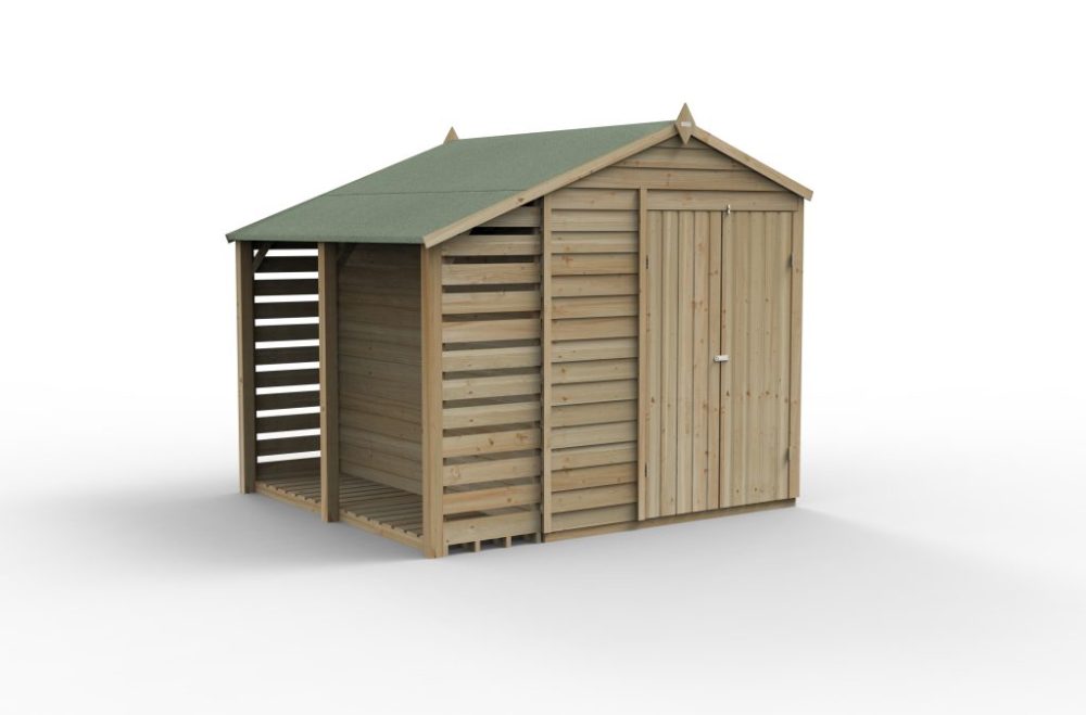 Forest 8 x 6 4Life Overlap Apex Garden Shed - Double Door With Lean-To / Log Store - Image 3
