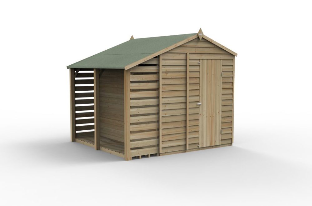 Forest 8 x 6 4Life Overlap Apex Garden Shed - No Window With Lean-To / Log Store - Image 2