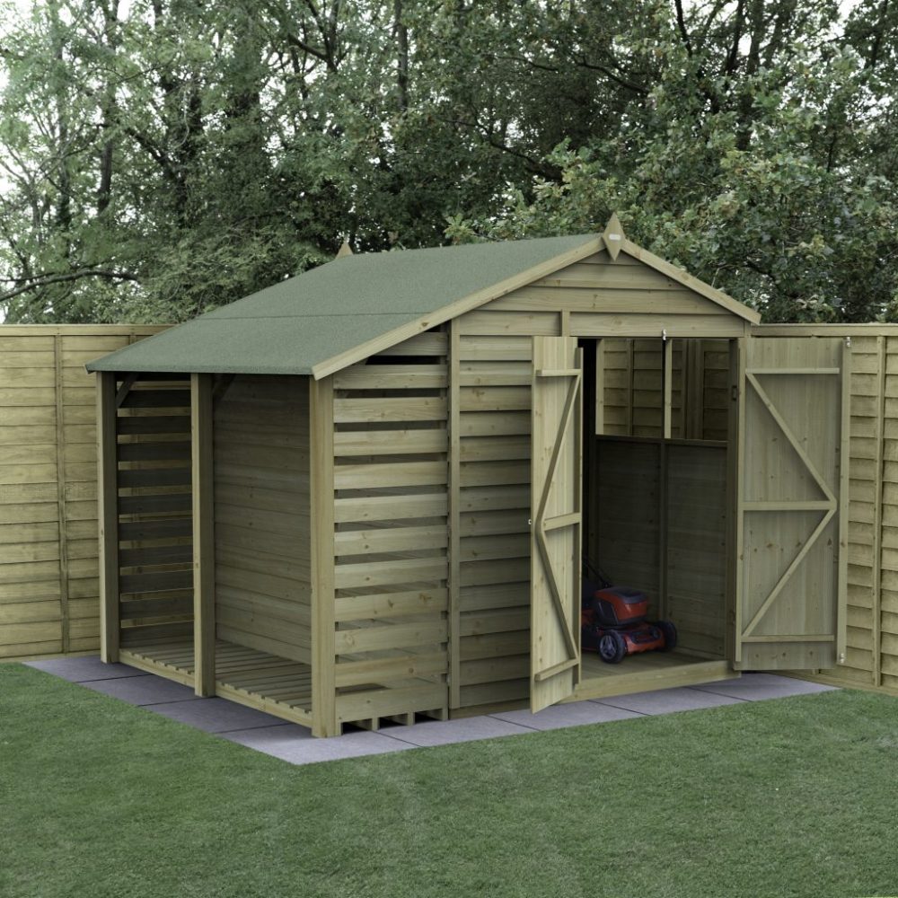 Forest 8 x 6 4Life Overlap Apex Garden Shed - Double Door With Lean-To / Log Store