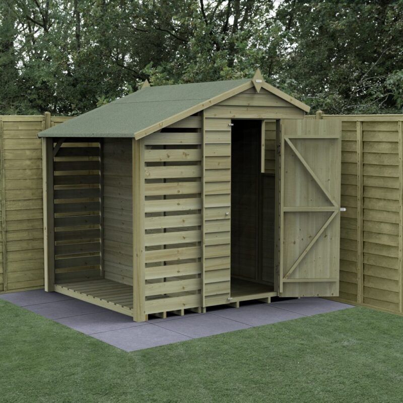 Forest 6 x 4 4Life Overlap Apex Garden Shed With Lean-to / Log Store
