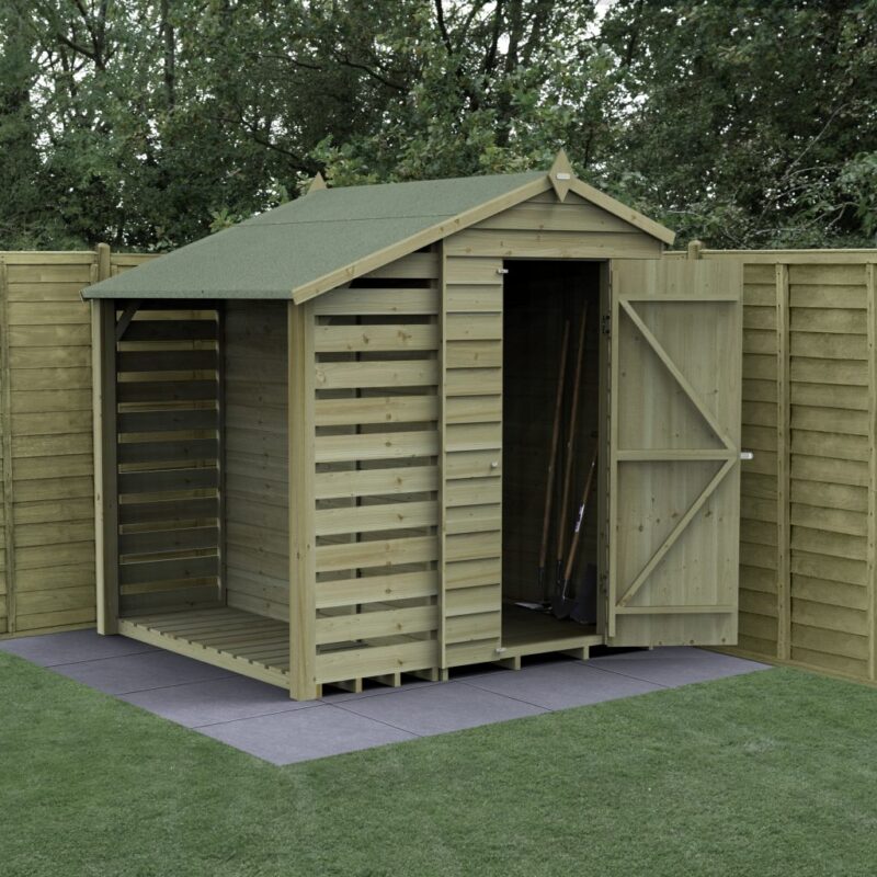 Forest 6 x 4 4Life Overlap Apex Garden Shed - No Window with Lean-To  / Log Store