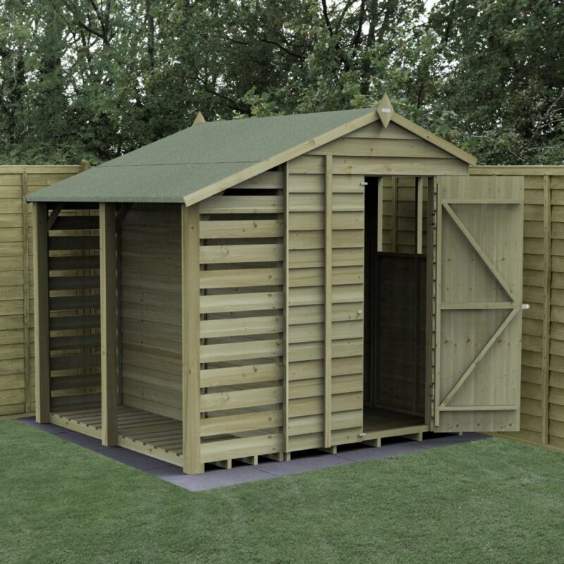 Forest 7 x 5 4Life Overlap Apex Garden Shed With Lean-To / Log Store