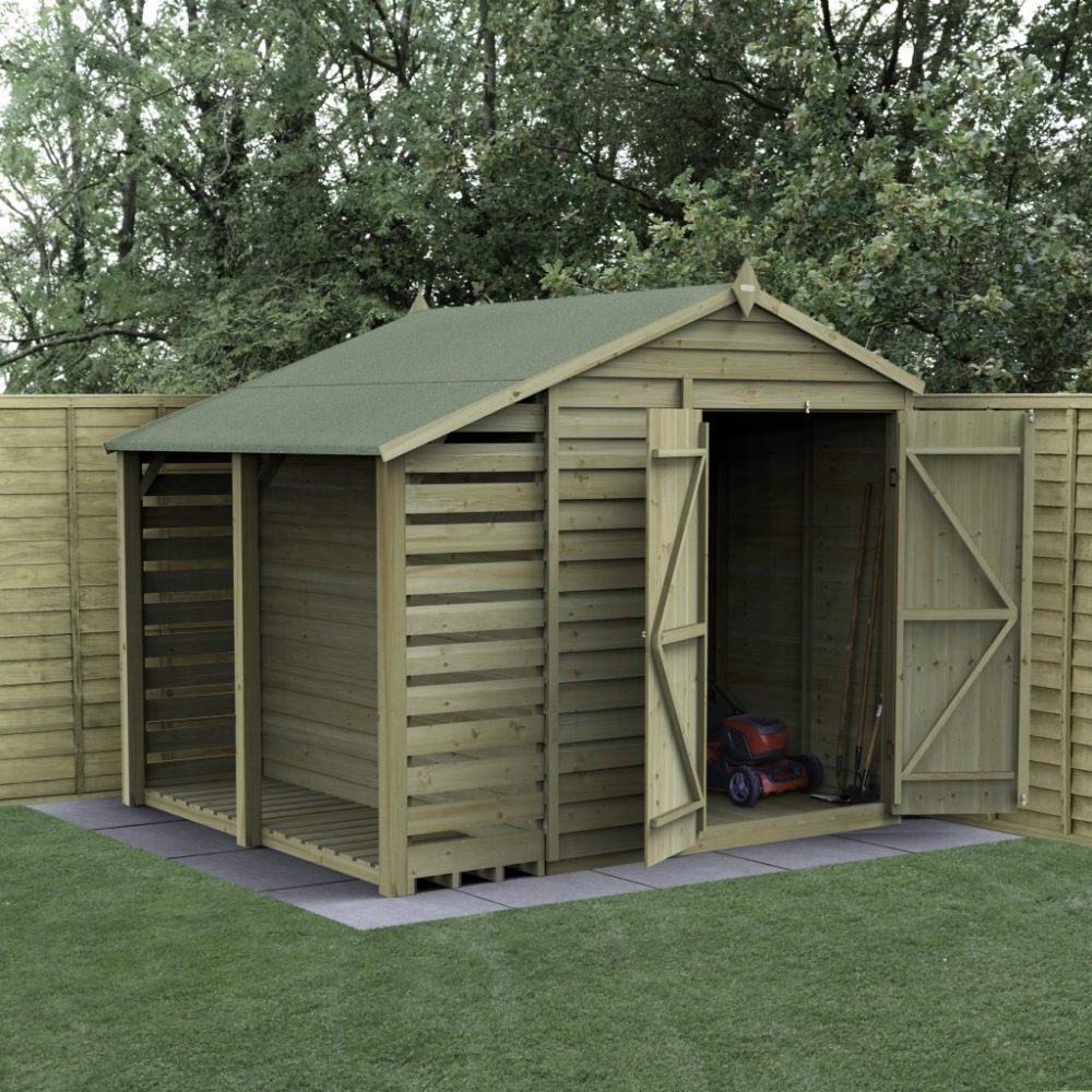 Forest 8 x 6 4Life Overlap Apex Garden Shed - No Window, Double Door With Lean-To
