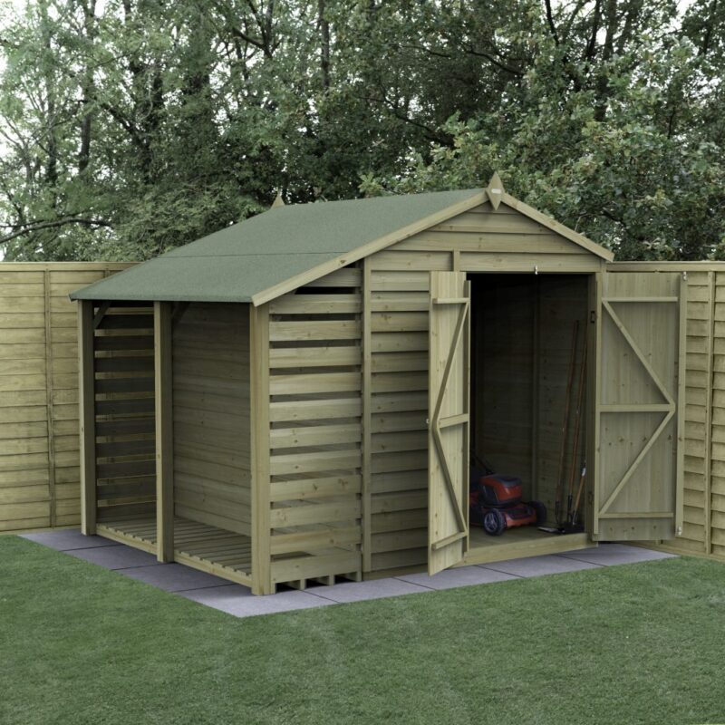 Forest 8 x 6 4Life Overlap Apex Garden Shed - No Window, Double Door With Lean-To