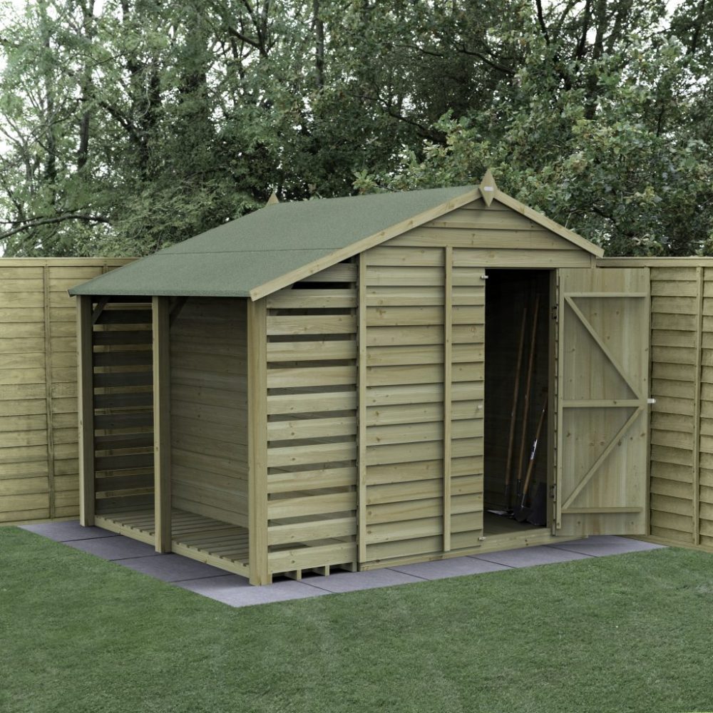 Forest 8 x 6 4Life Overlap Apex Garden Shed - No Window With Lean-To / Log Store