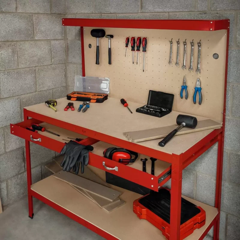 Workbench with Pegboard, Drawer & Light - Red
