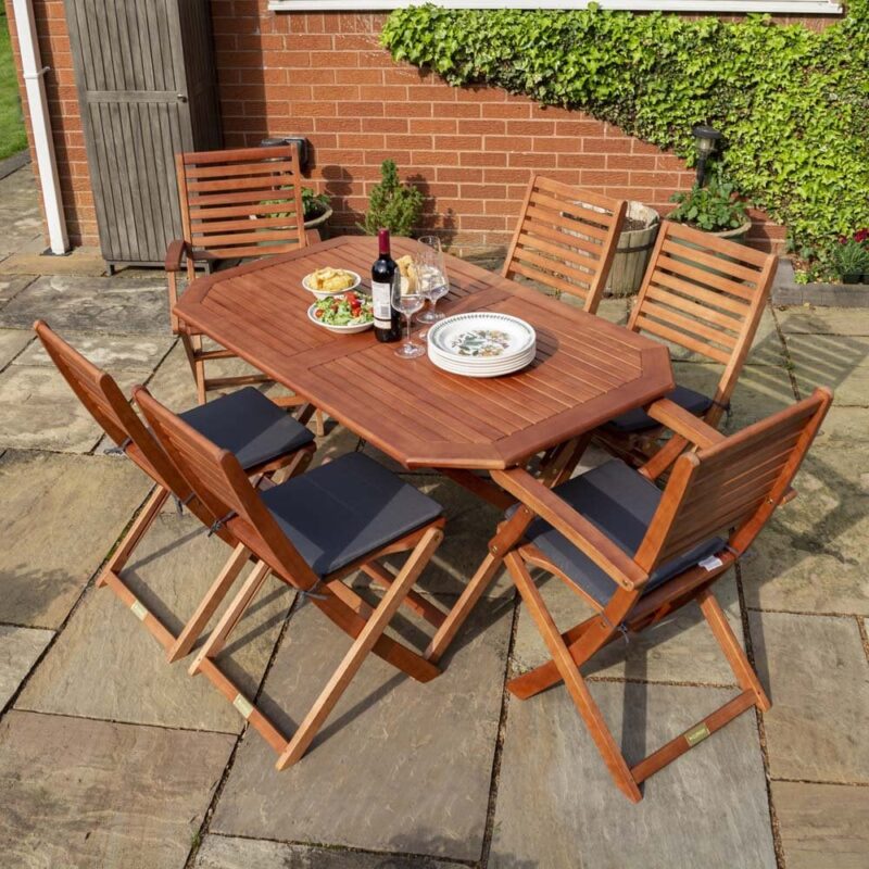 Rowlinson Plumley Wooden Garden 6 Seater Dining Table & Chairs With Grey Cushions