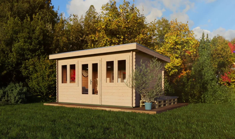 Woodpro Pent Log Cabin 15 x 10ft Double Doors + Windows