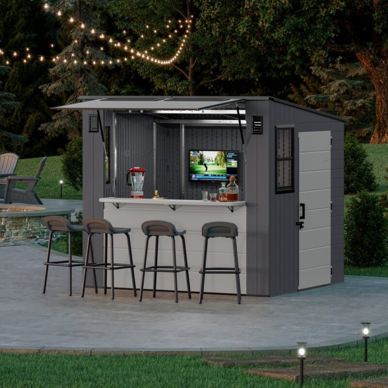 Suncast Cabana Entertainment Shed & Bar 8x7 - Cool Grey - Premium Outdoor Pent Building